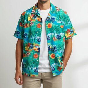 Hawaiian Shirt XL Tropical Palm Tree Sailboat Floral Cotton‎ Blend Vacation